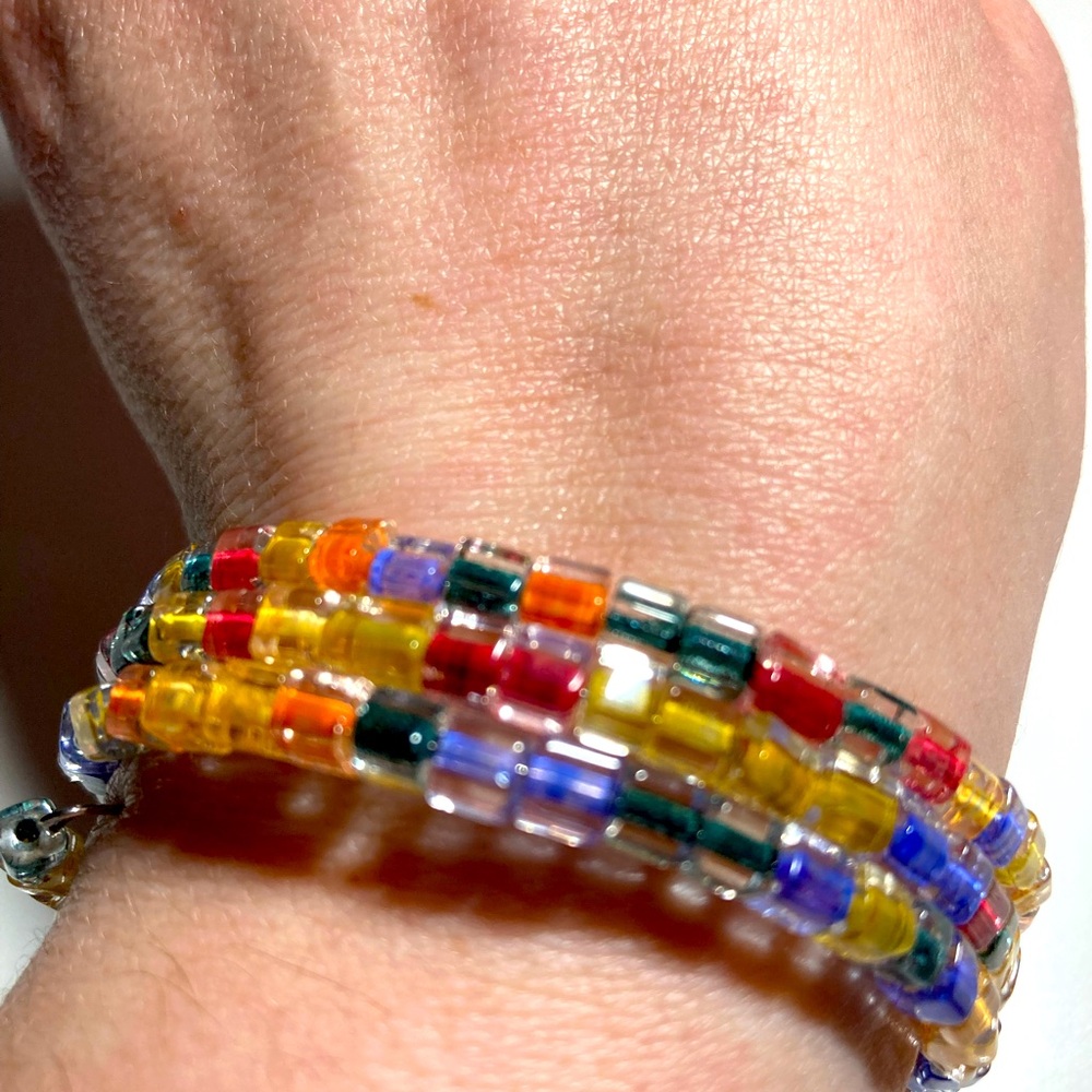 Handmade wrap bracelet, rainbow square glass beats, unique bracelet stack
